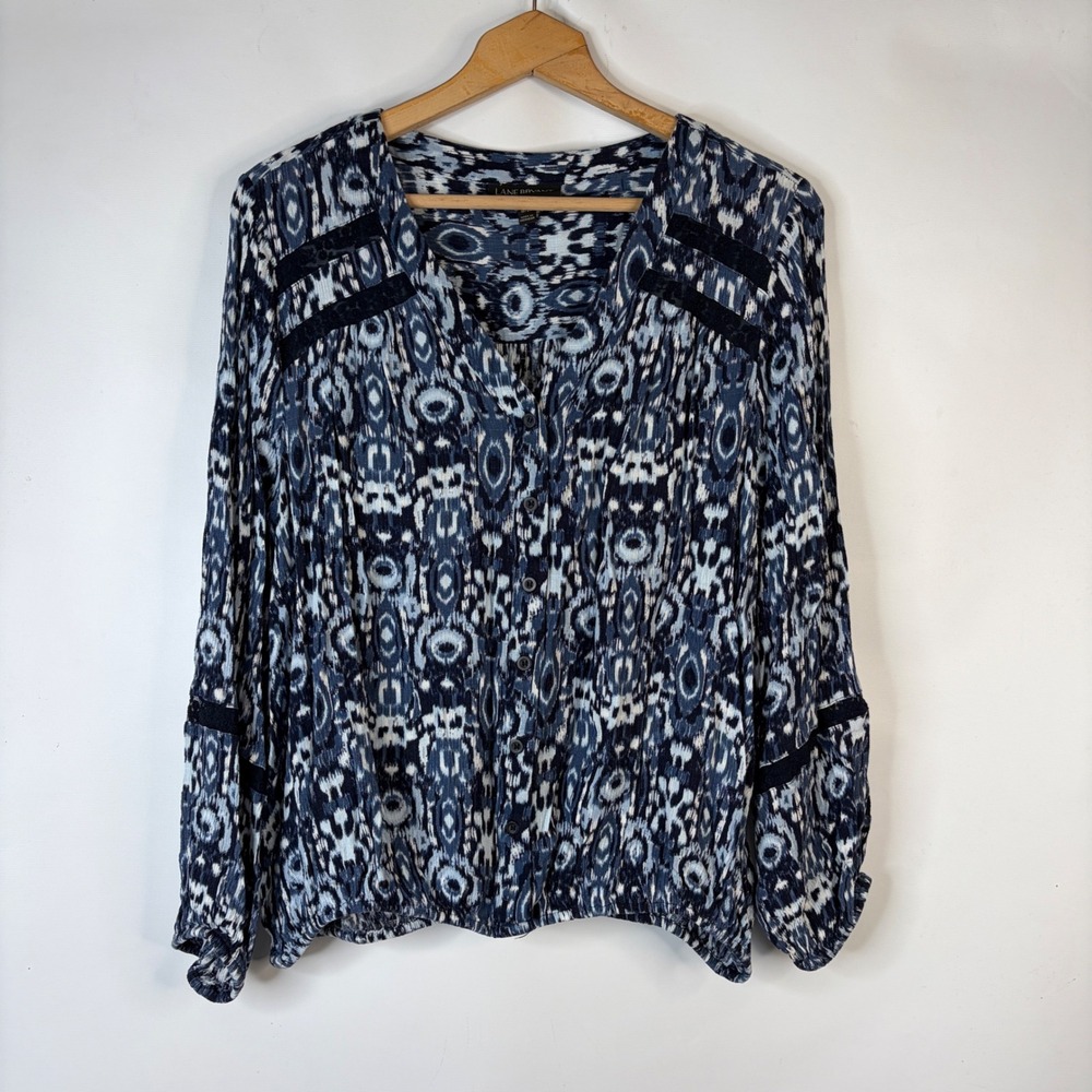 Lane Bryant Blouse Women 18/20 Blue Ikat Lace Trim Button Front Boho Top